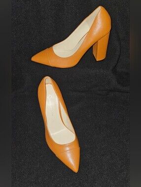 CDXJHYMY Cognac Brown Faux Leather Pointed Toe Block Heel Pumps - Size 8